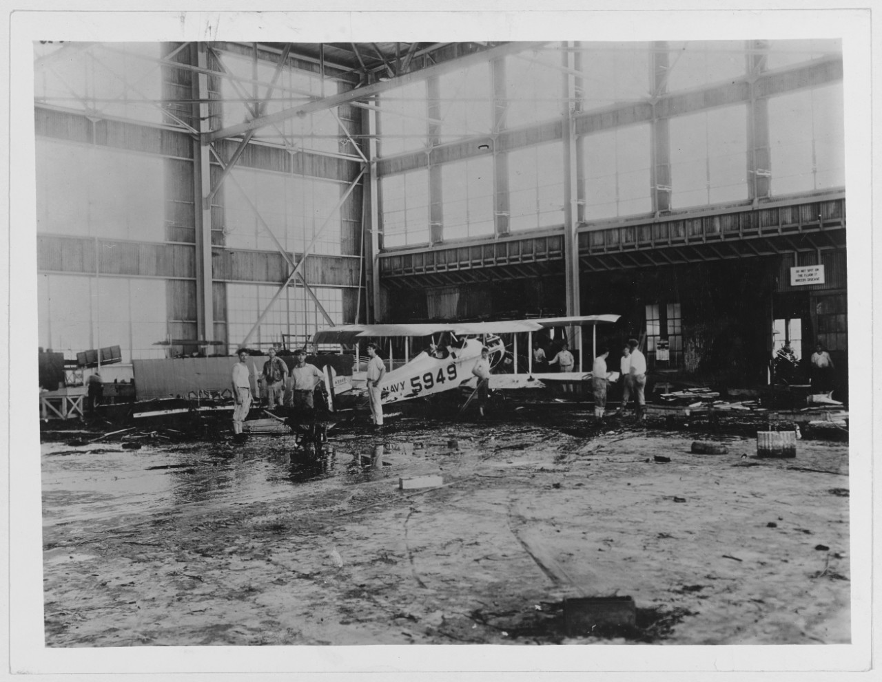 Interior of erecting shop hangar showing condition after storm, Naval Air Station, Pensacola