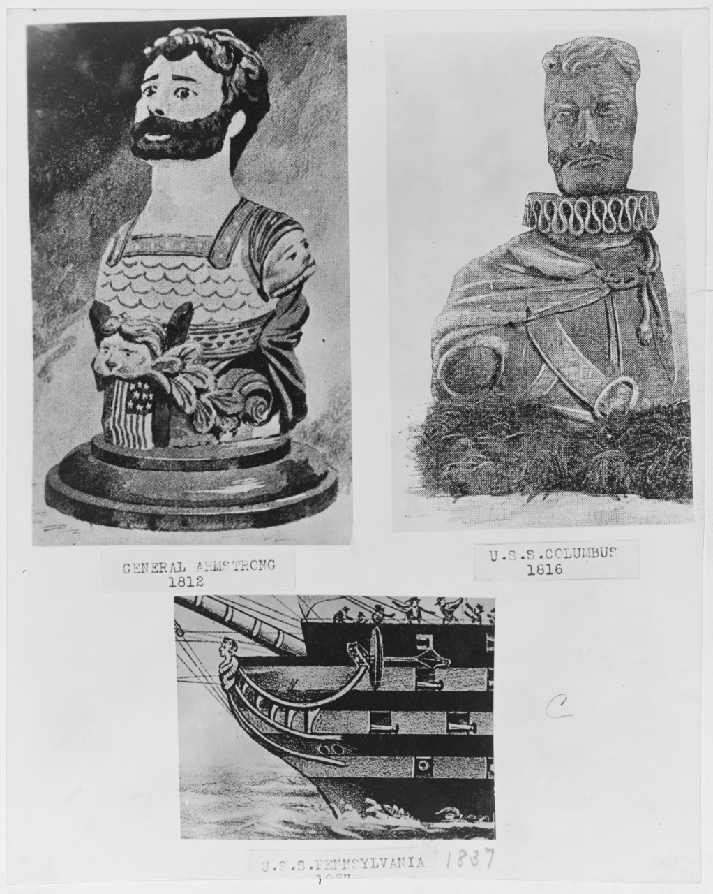 Figureheads: GENERAL ARMSTRONG (1812), USS COLUMBUS (1816), and USS PENNSYLVANIA (1837)