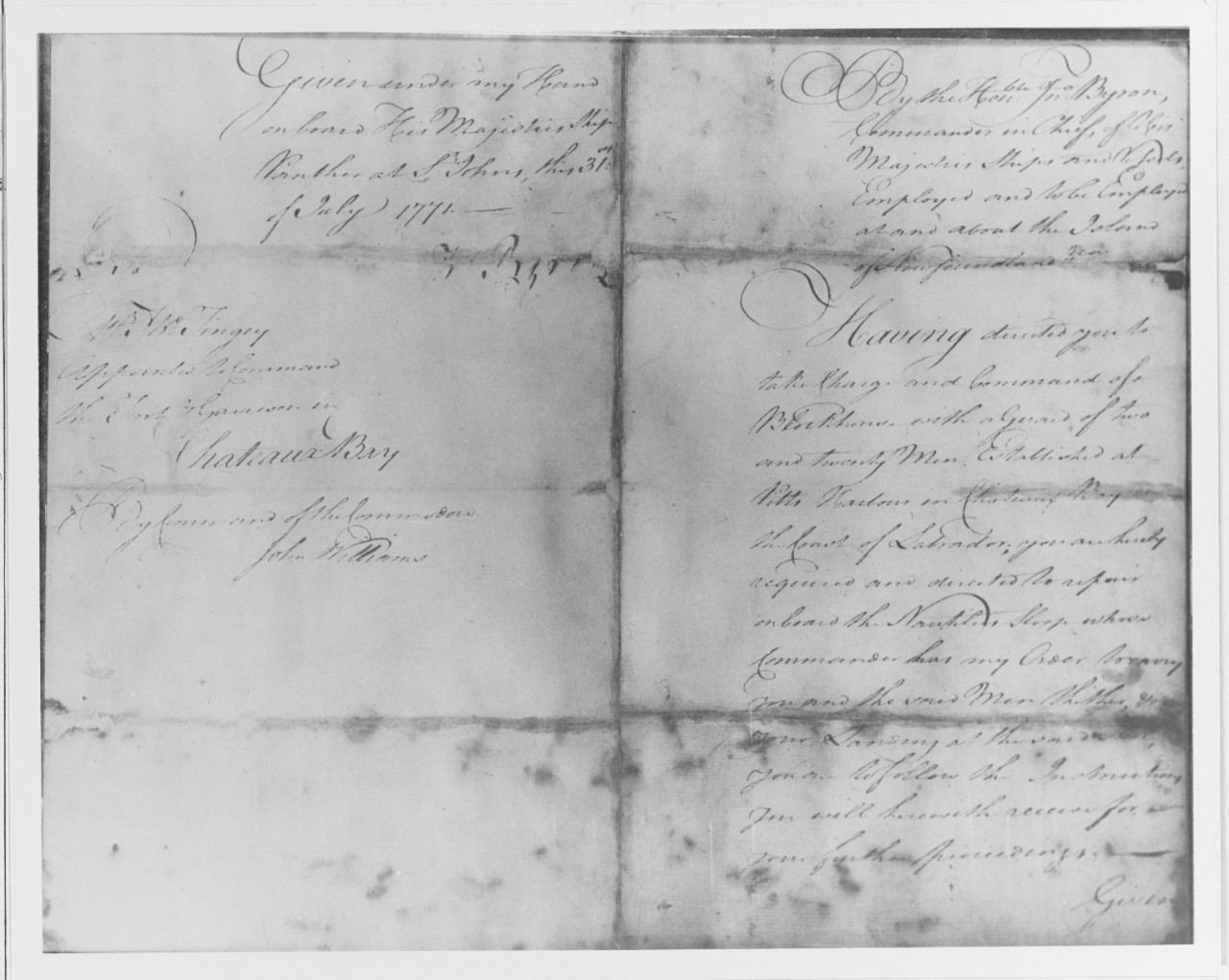 NH 115405 Orders to Thomas Tingey to Command a Blockhouse, 1771