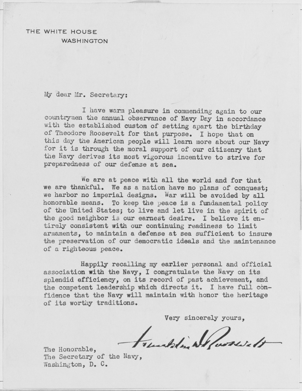 Letter from Franklin D. Roosevelt to Claude Swanson, 1937