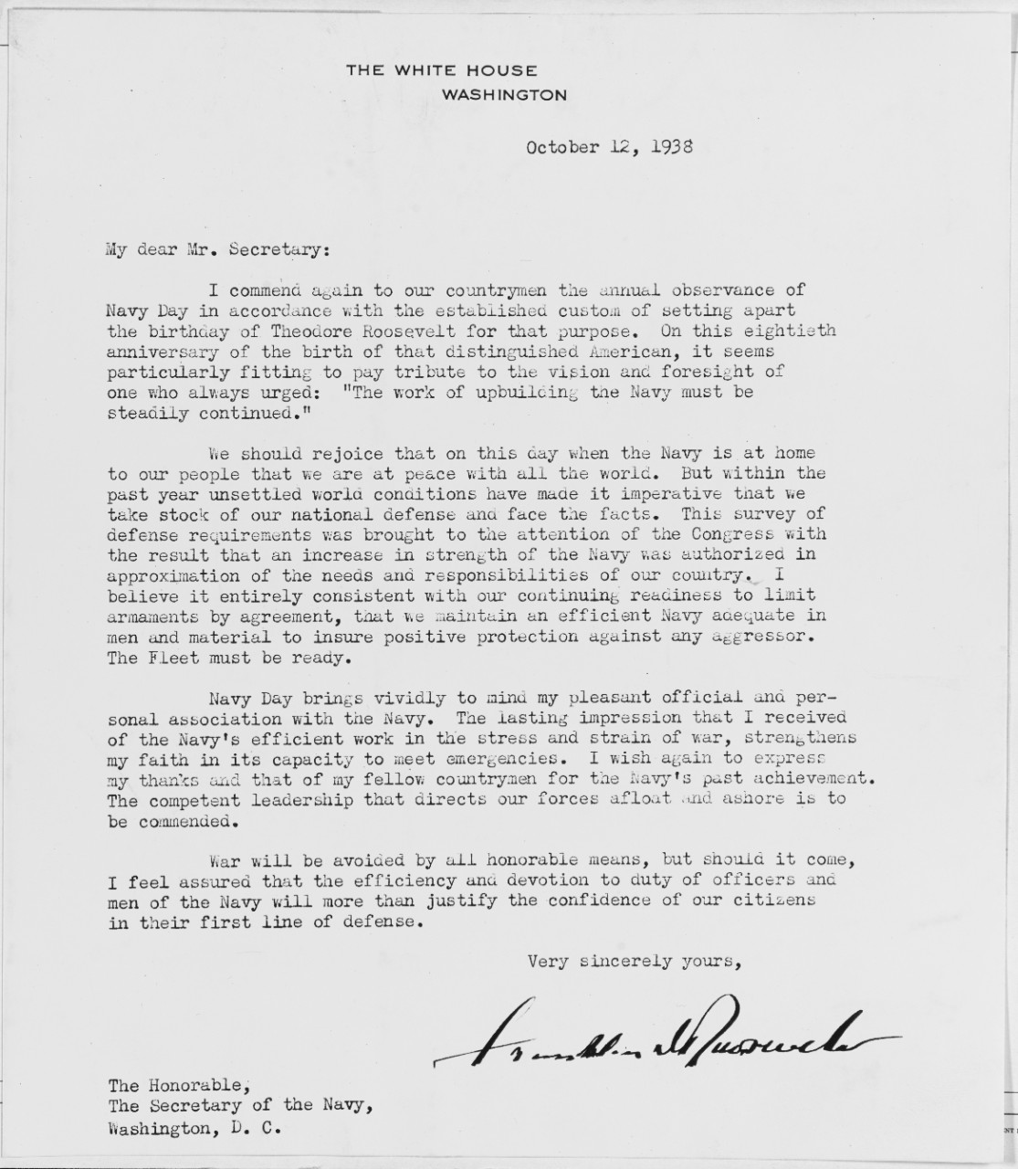 Letter from Franklin D. Roosevelt to Claude Swanson, 1938