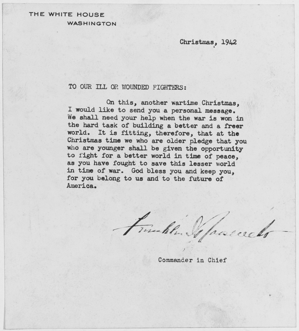 Letter from Franklin D. Roosevelt to Ill and Wounded Service Members, 1942.