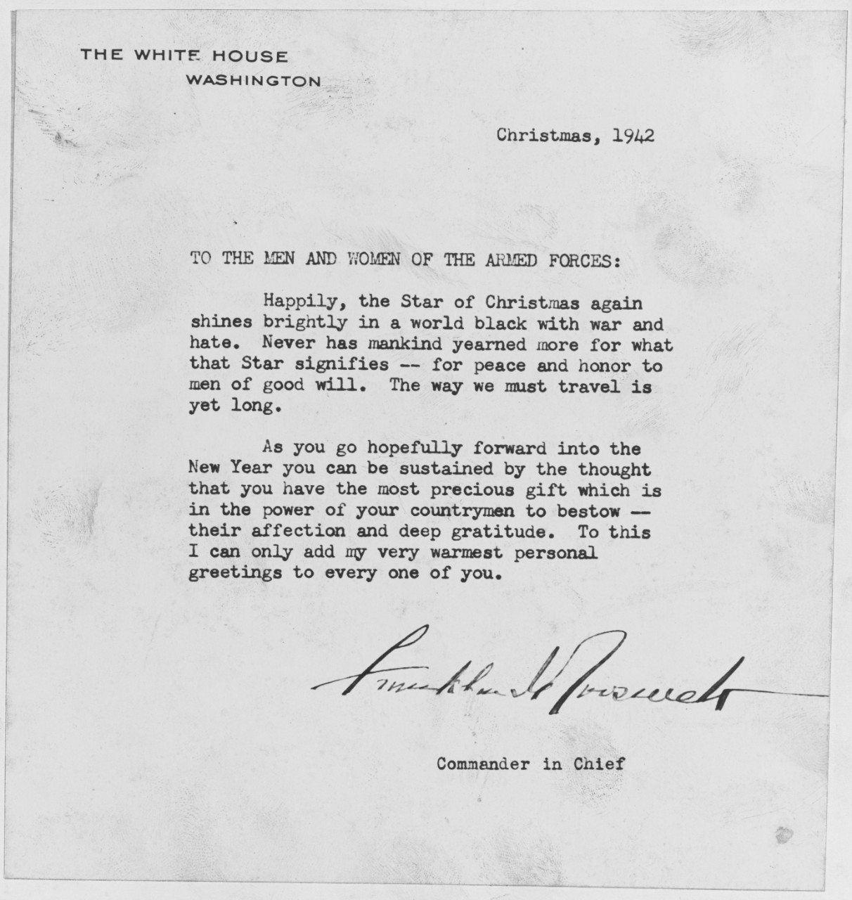 Letter from Franklin D. Roosevelt to the Men and Women of the Armed Forces, 1942.