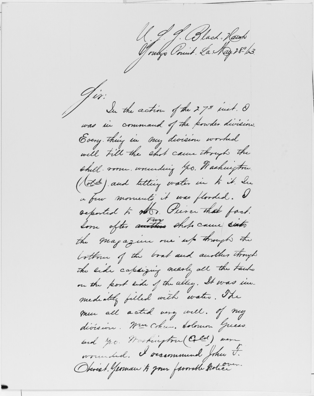 Letter on Sinking of USS CINCINNATI, 1863