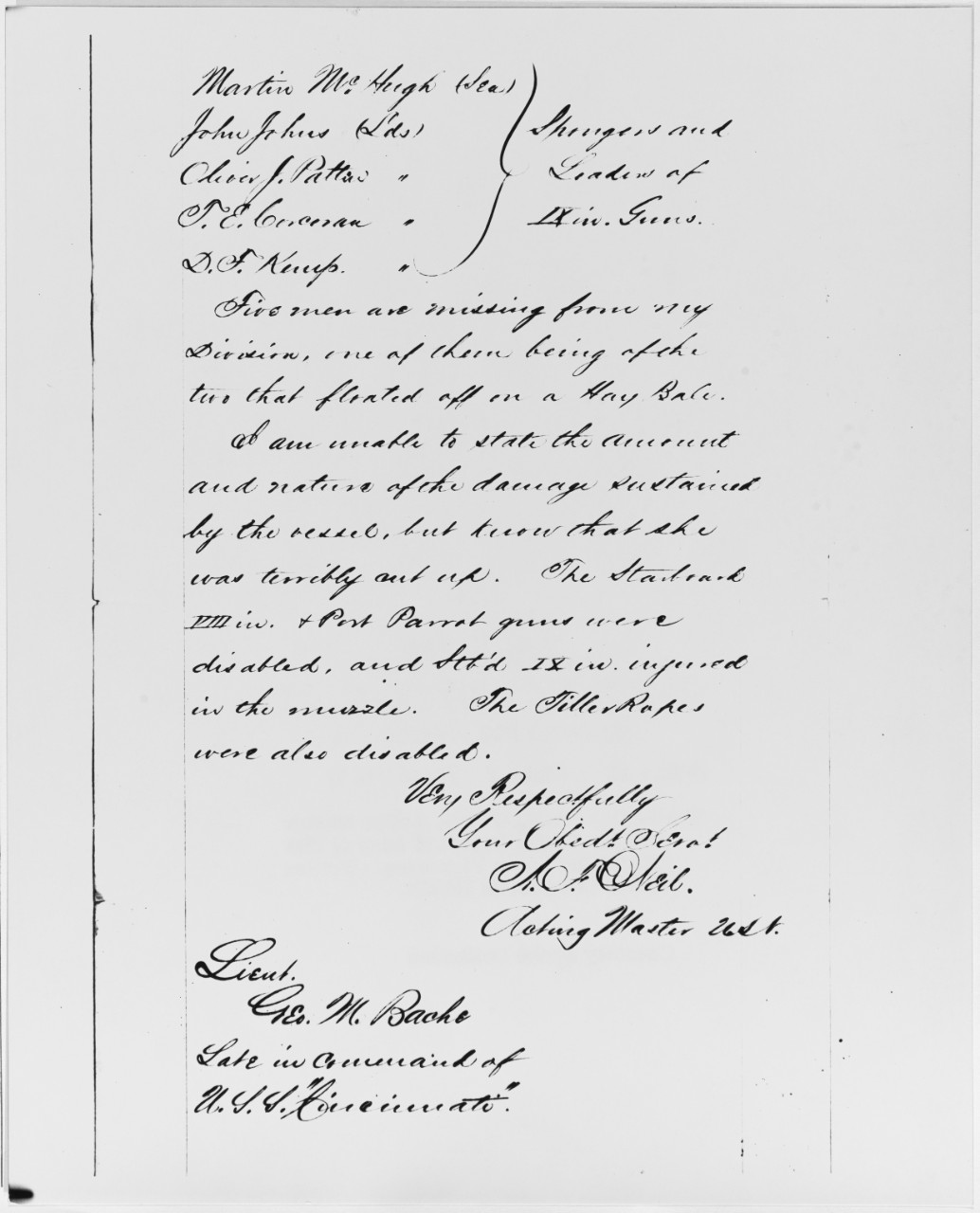 Letter on Sinking of USS CINCINNATI, 1863