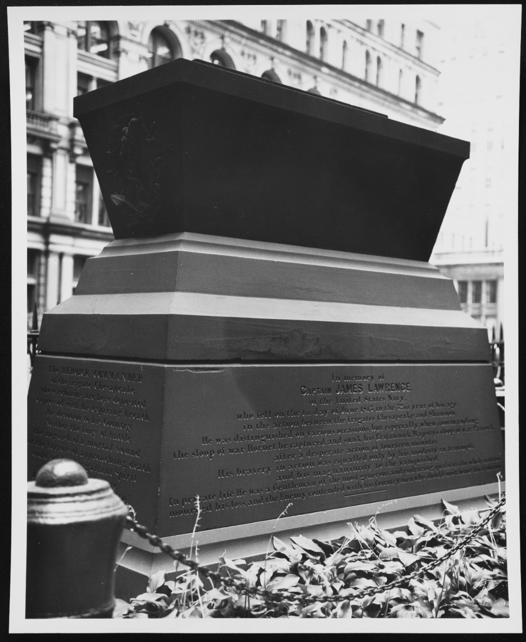 Grave stone of Captain James Lawrence, USN, who fell in the action between the frigates CHESAPEAKE and SHANNON