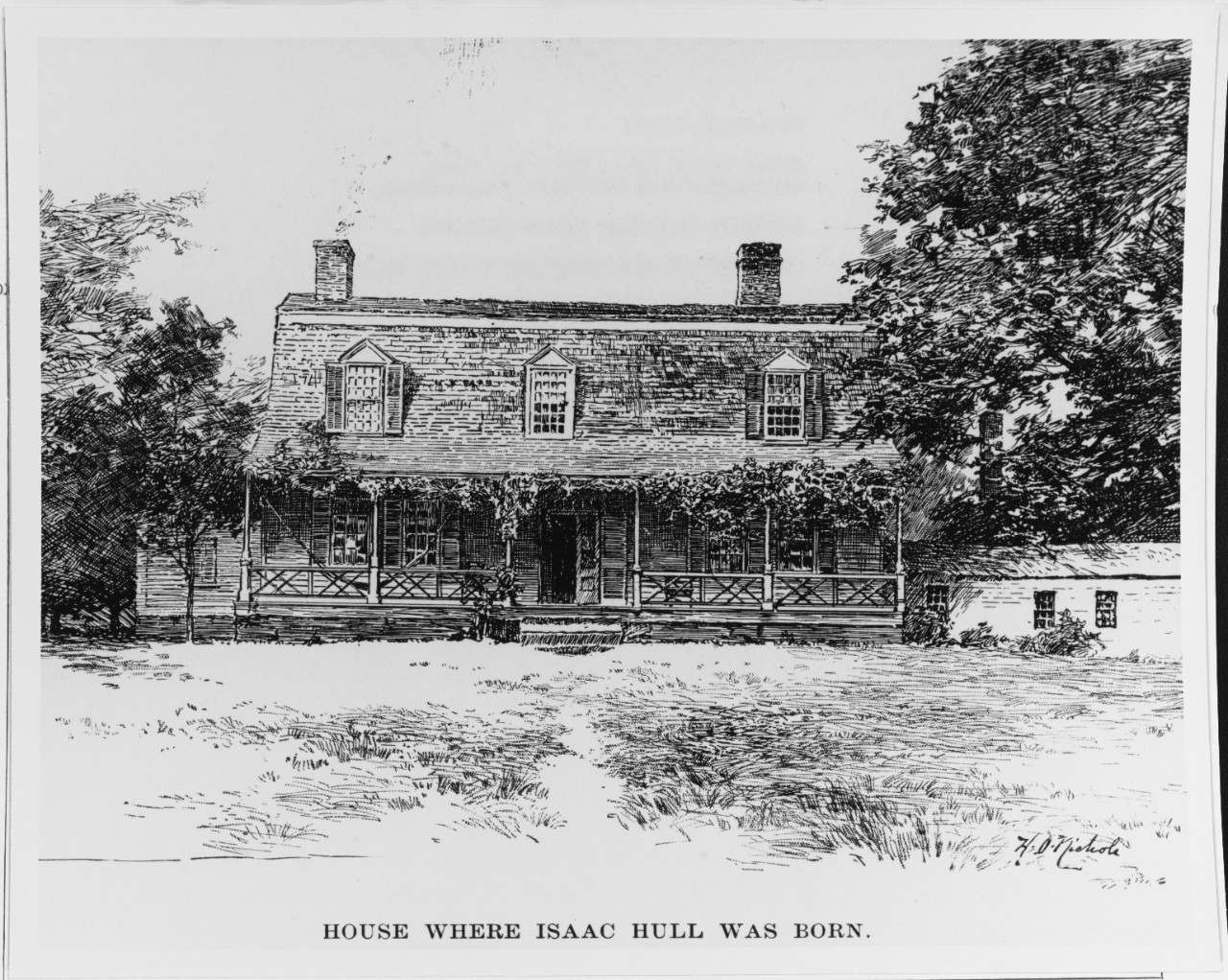 Drawing of house where Isaac Hull was born, Huntington (now Shelton), Connecticut