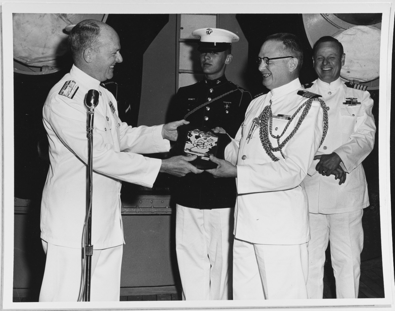 USS PORTLAND Memorial. Captain Anderson receives plaque from Vice Admiral Taylor, July 4, 1962