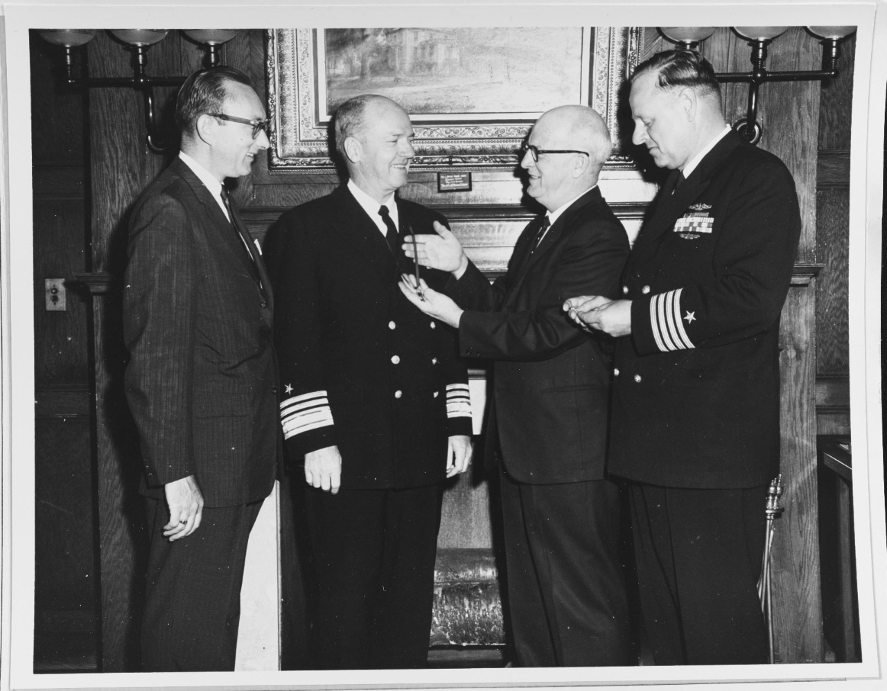 Mr. Watt, Vice Admiral Taylor, Council Chairman and Captain Kimmel at USS PORTLAND Memorial ceremony, July 4, 1962