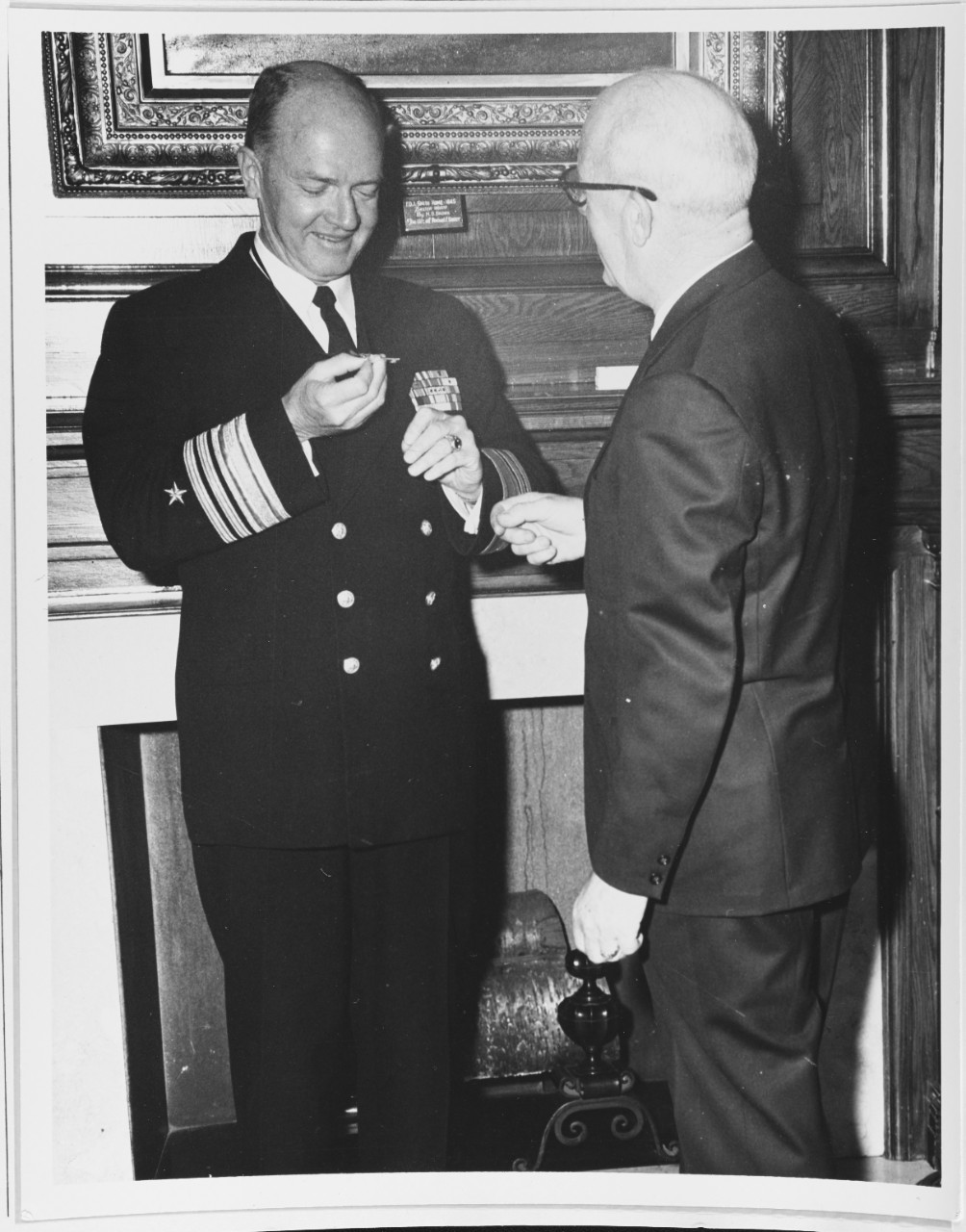 Vice Admiral Taylor receives the key to the city from the Council Chairman at USS PORTLAND Memorial ceremonies, July 4, 1962