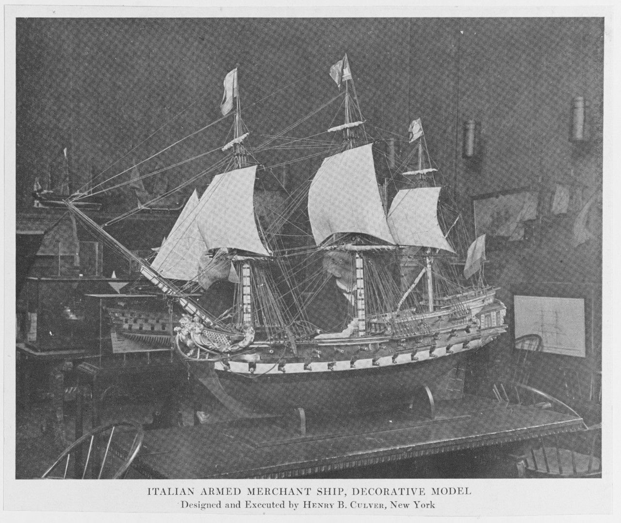 Model of Italian Armed Merchant Ship, decorative model. Designed and Executed by Henry B. Culver, New  York
