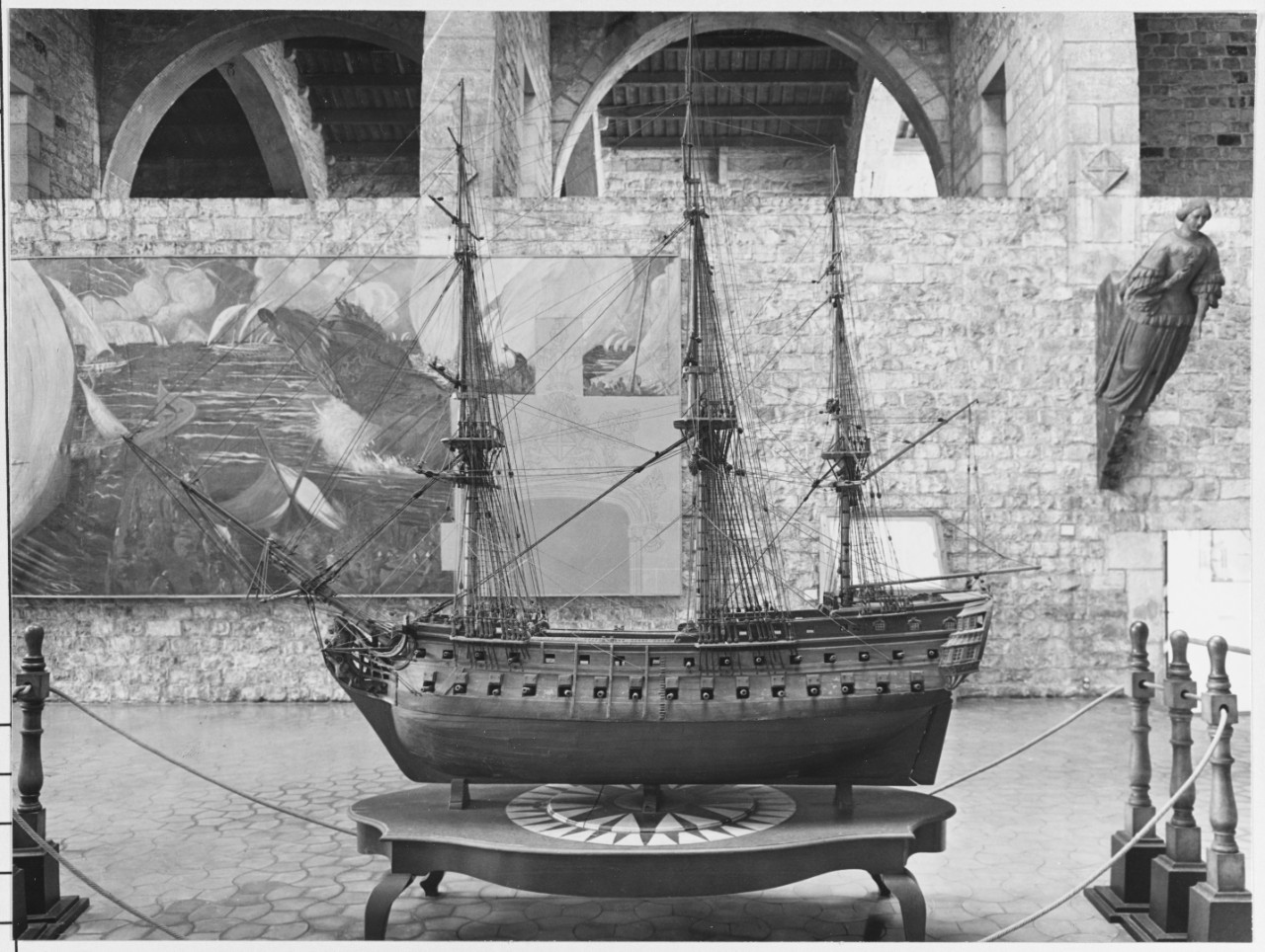 Model of Spanish ship with two decks and 74 guns. 18th Century
