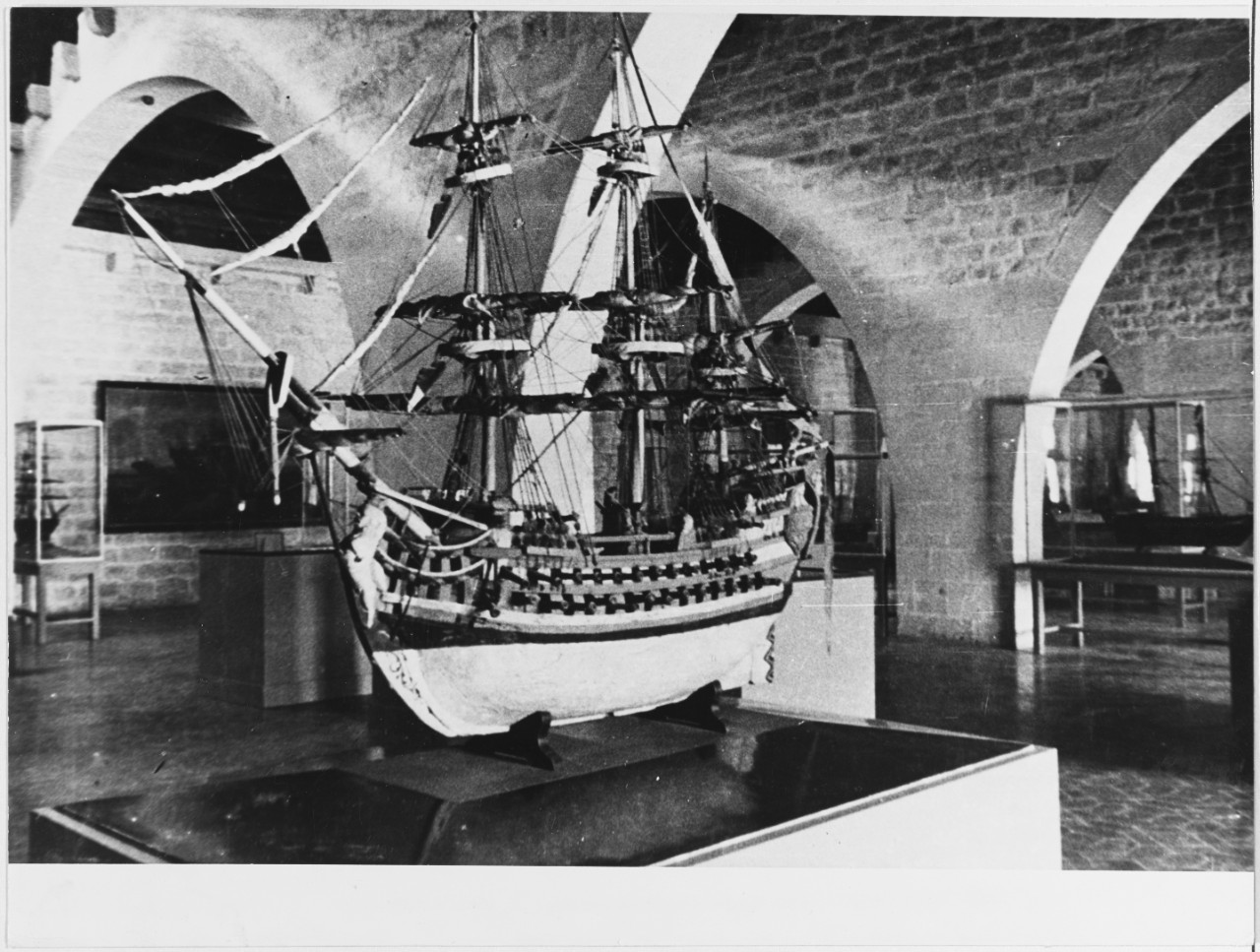 Model of ship with two decks. 18th Century.