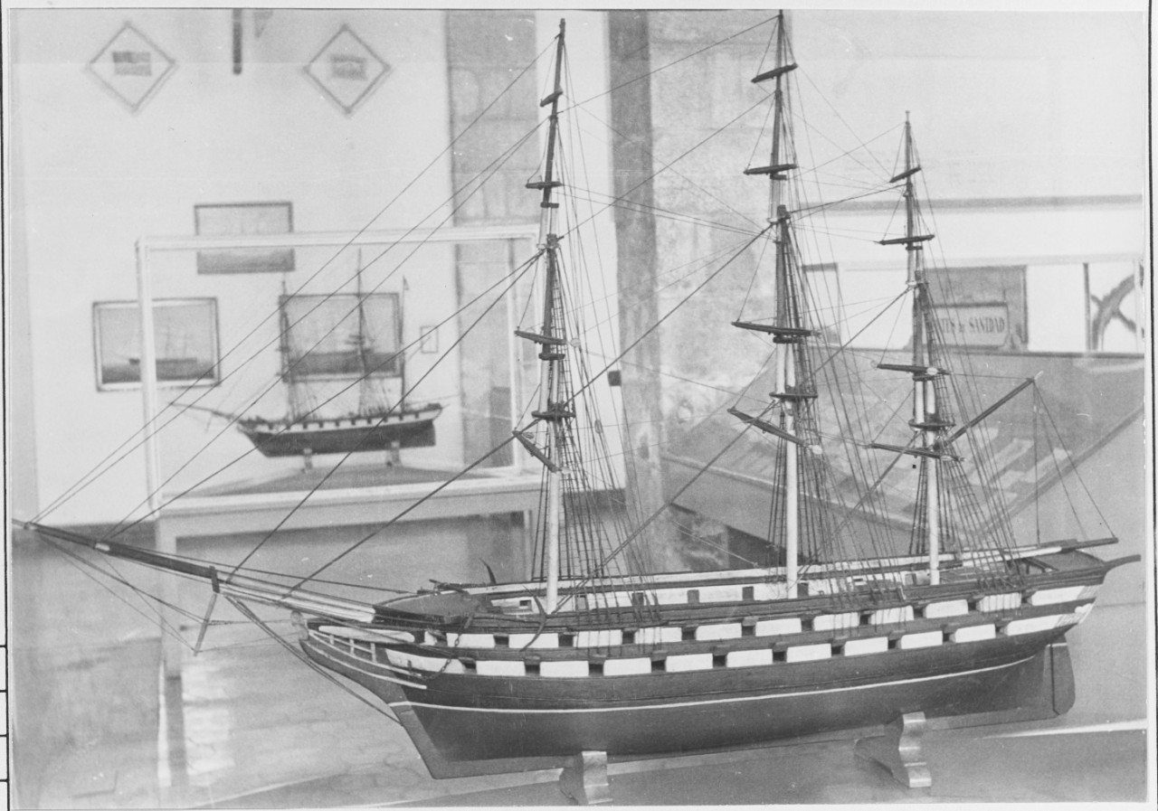 Model of a War Frigate with two decks and 42 guns. Late 18th Century model