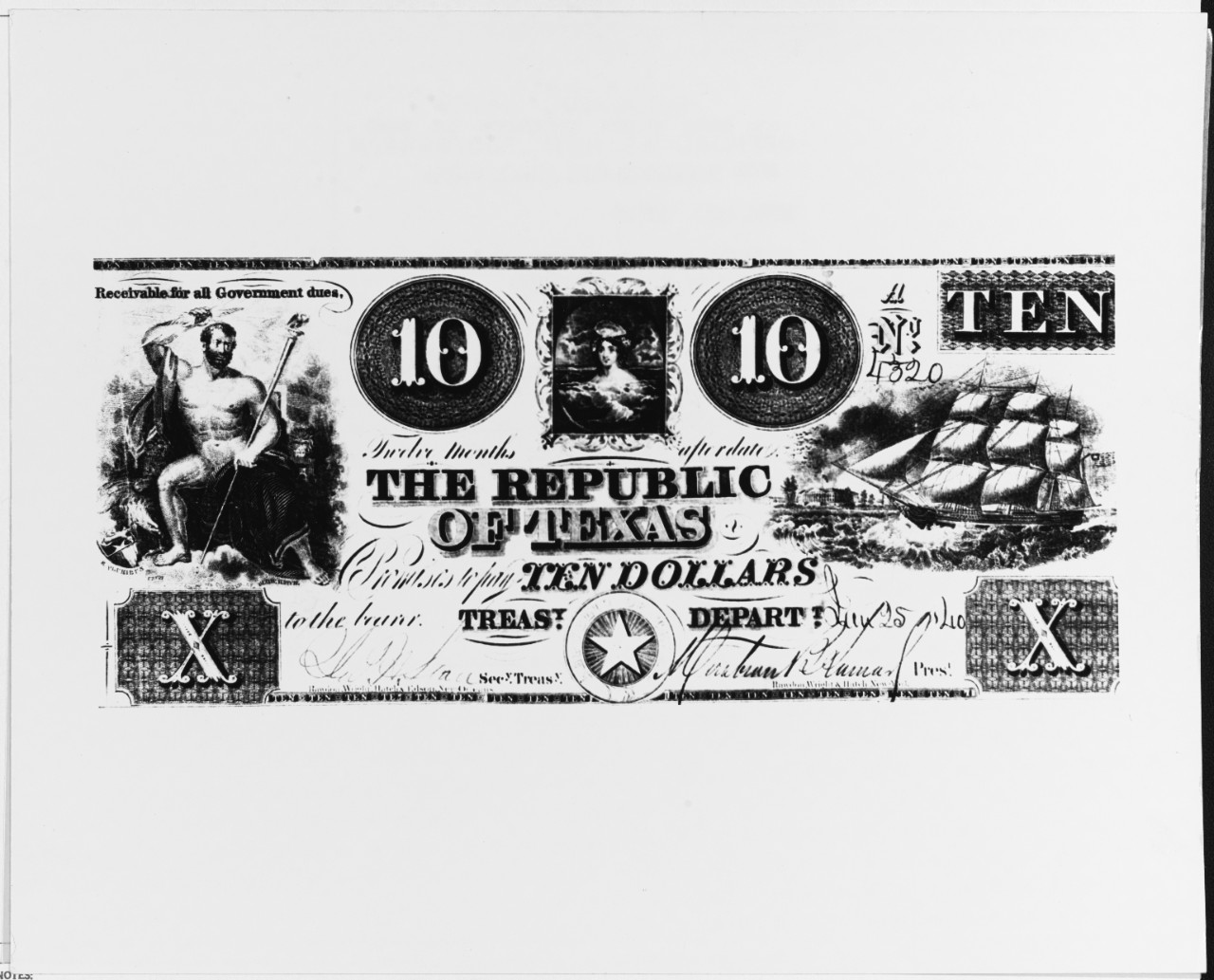 Republic of Texas Navy Ten Dollar Note (Front side view). January 25, 1840.