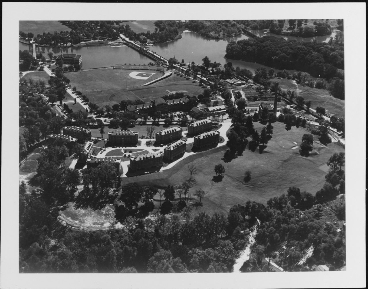 Aerial view of U.S. Naval Academy Apartment Houses "A to J" looking Southeast. U.S. Naval Air Station, Anacostia, Washington, D.C.