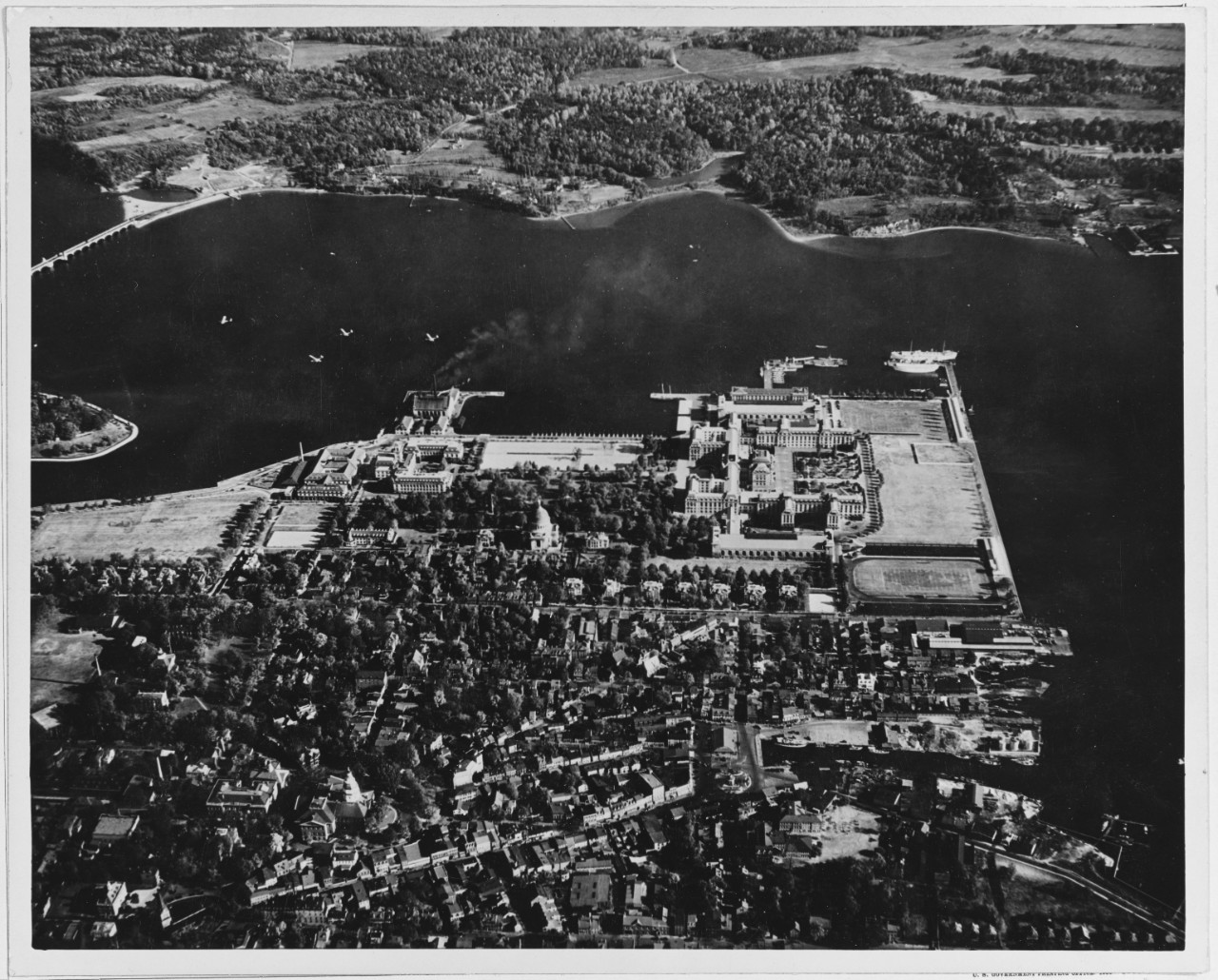 Aerial view of Naval Academy in Annapolis, Maryland from USS AKRON, August 8, 1931