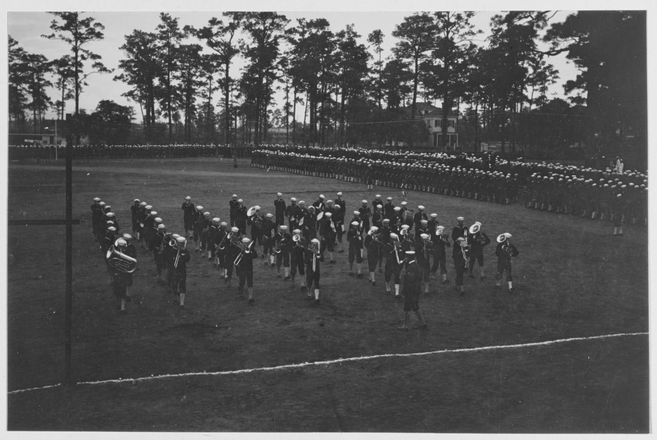 The Naval Training Camp Band parading at Battalion drills at the  U.S. Naval Training Camp, Charleston, South Carolina