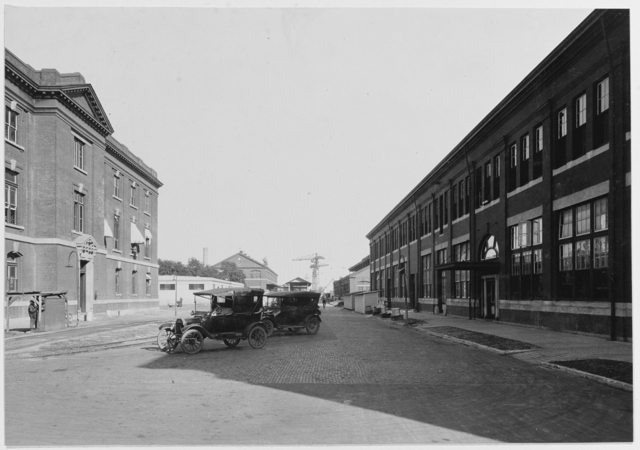 Cars parked between buildings, U.S. Naval Training Camp, Charleston, December 4, 1918