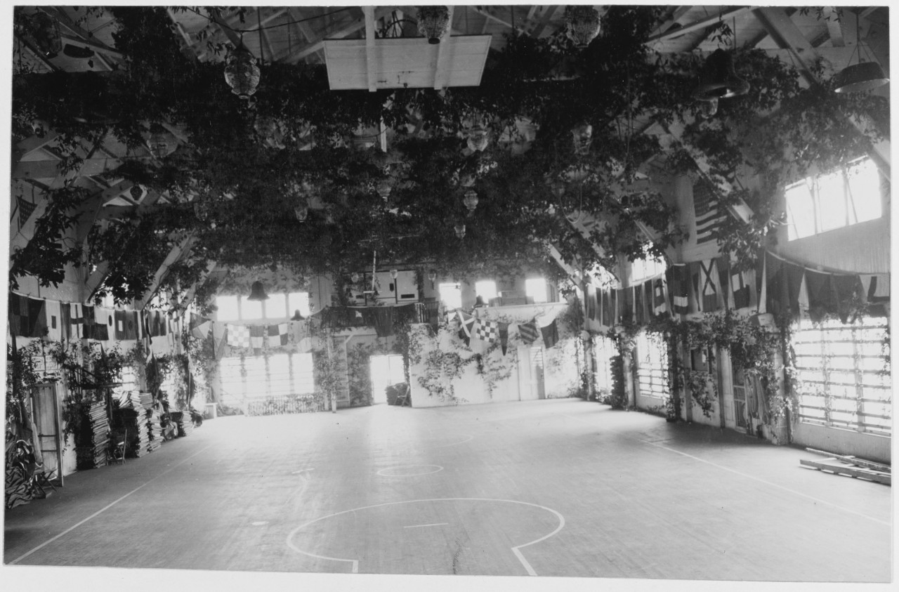 Gymnasium decorated for a party, U.S. Naval Training Camp, Charleston, December 4, 1918