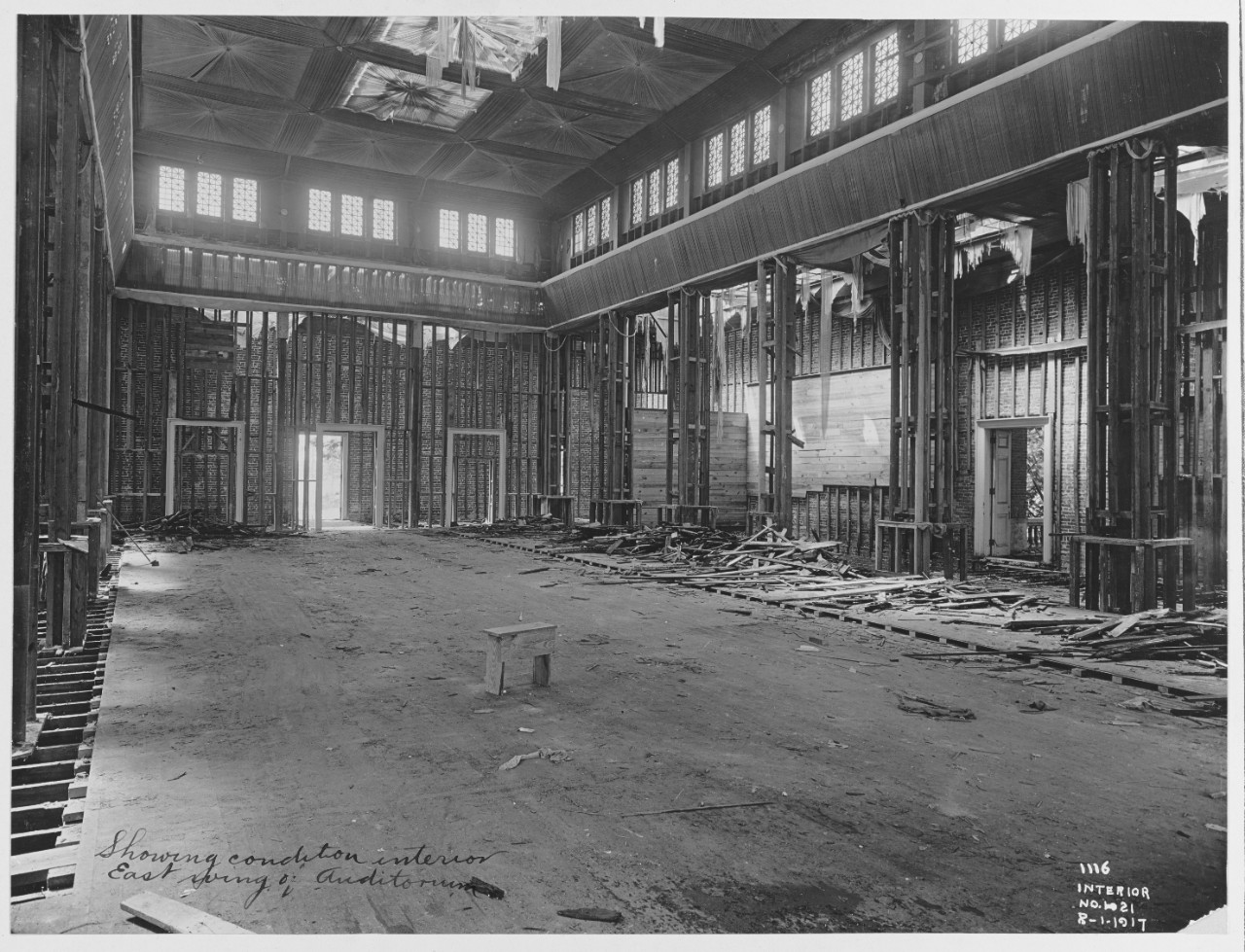 Showing condition of interior east wing of the auditorium