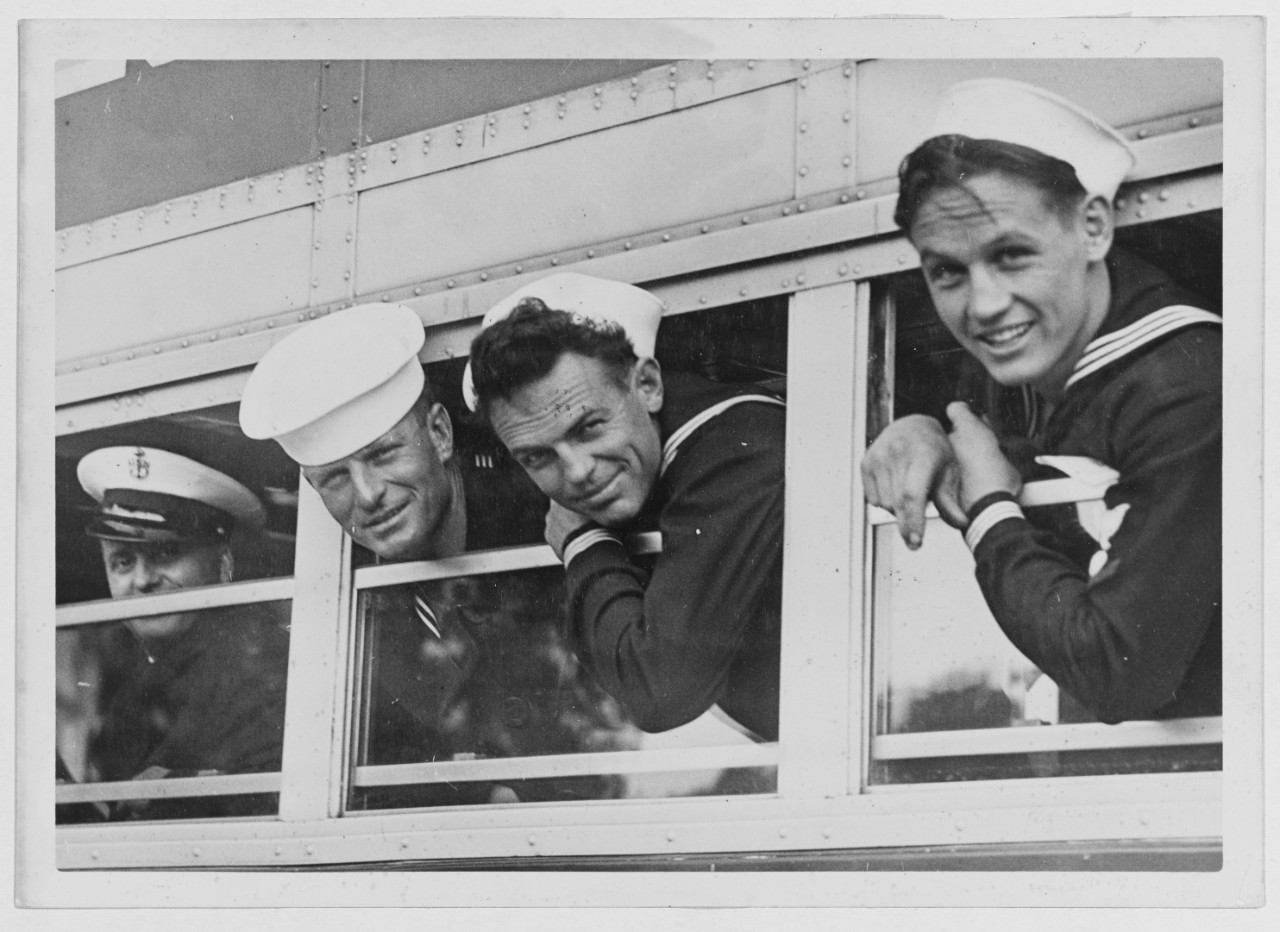 Midshipman's cruise, Kiel, Germany, sailors aboard train 1937