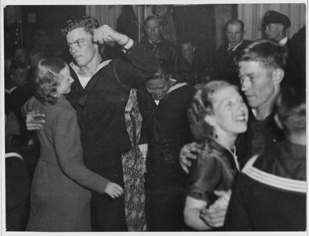 Midshipman's cruise. Kiel, Germany. American Sailors dancing. 1937.