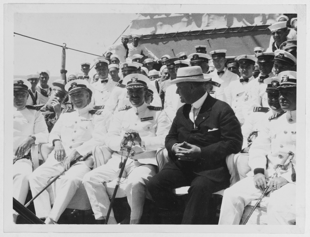 Secretary of the Navy E. Denby and officers on board U.S.S. HENDERSON (AP-1)