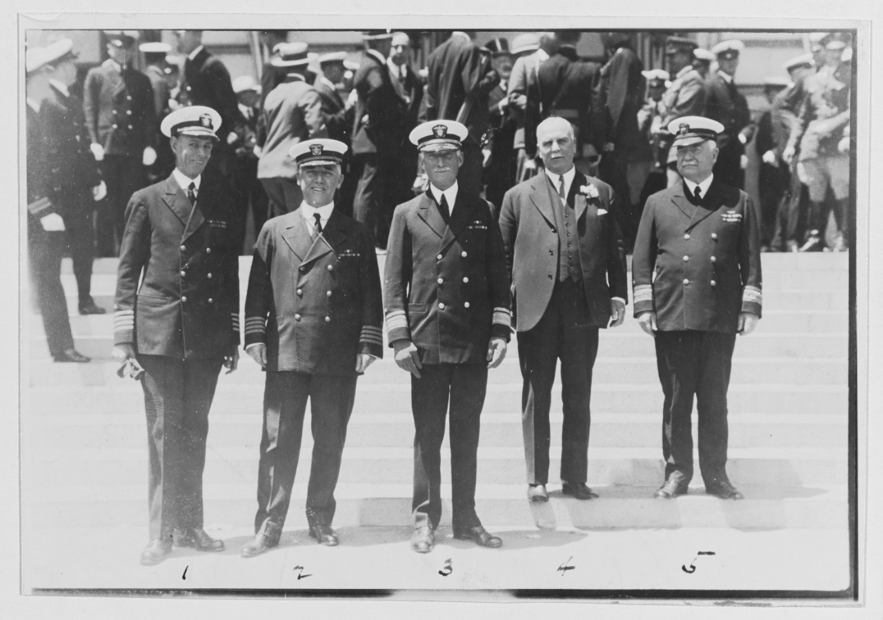 Left to right; Kemff, C.S. Comdg USS NEVADA-BB-36.             Kearney, T. A. Comdg USS OKLAHOMA. (BB-37) Laws Geo W. Comdg practice squad. Major Roolf, of San Francisco. Washington, Thomas Comdg district.