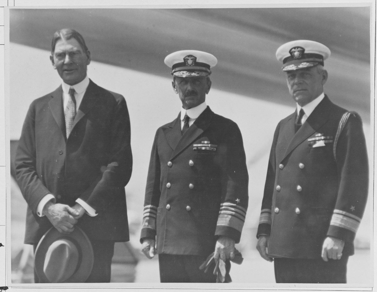 L to R; Secretary Navy C. Wilbur, Admiral R. H. Jackson, USN; Rear Admiral J. R. P. Pringle USN.