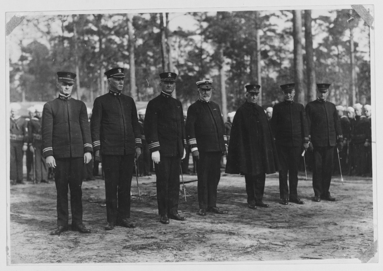Chaplain Broadman (Brdmanne, E. A ?), Dr. Allan Stuart, Comdr. Mark St. Clair Ellis, Unknown, Admiral Beatty F.E, Lt Thompson, Lt. Scheldeman. 1918