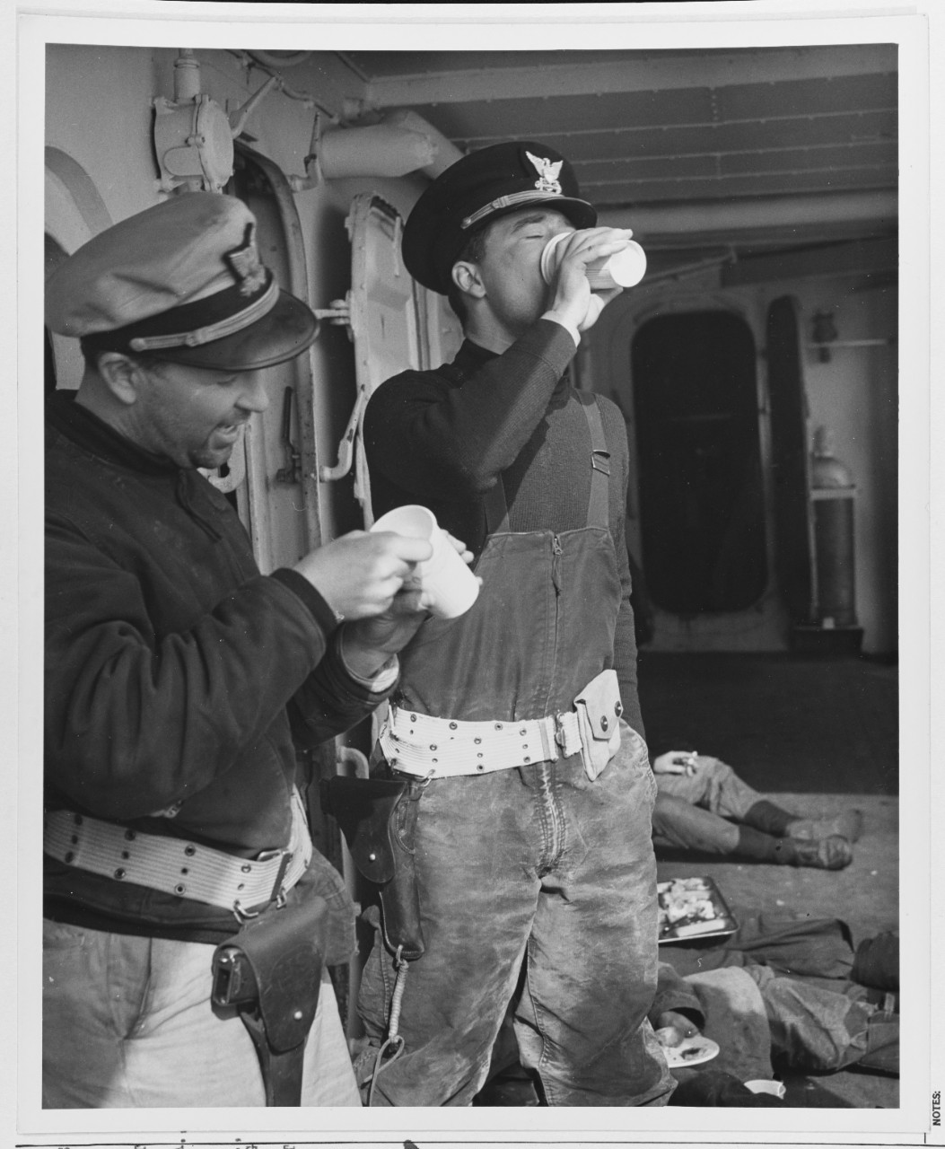 Snack time aboard the Victorious CAMPBELL after 12 hours of ramming U-Boats.