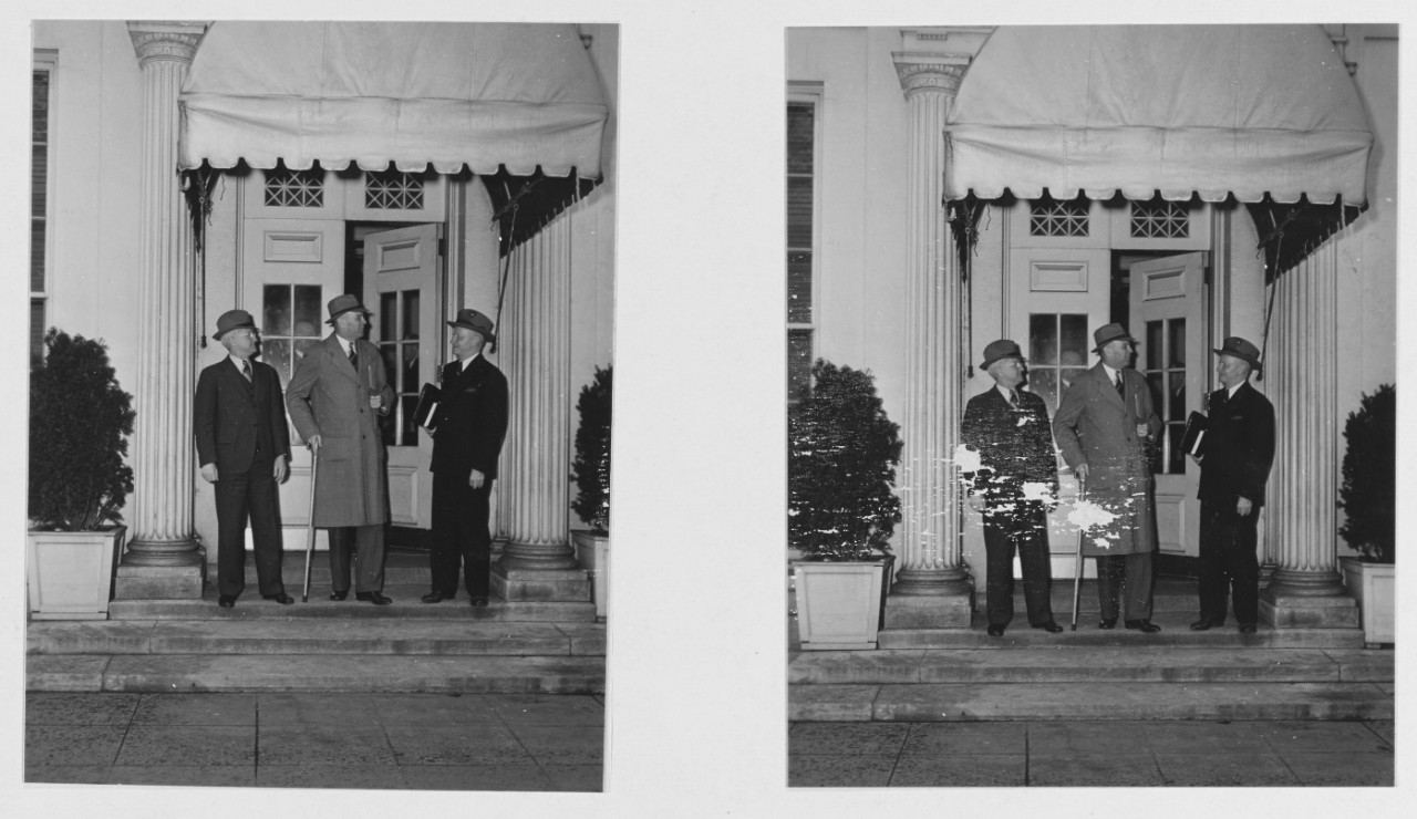Admiral Chester W. Nimitz and Admiral Stark shown leaving the White House