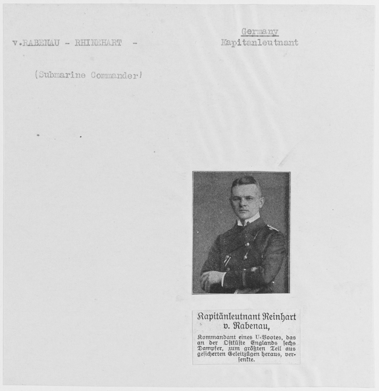 V. Rhinehart Rabenau, German Submarine Commander
