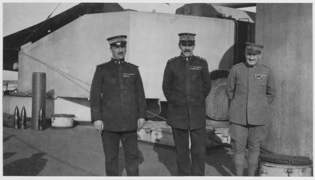 Captain Ciano, Commander Bernucci, Commander Spano, Italian Navy, on PRINCE EUGEN, Pola. August 11, 1920
