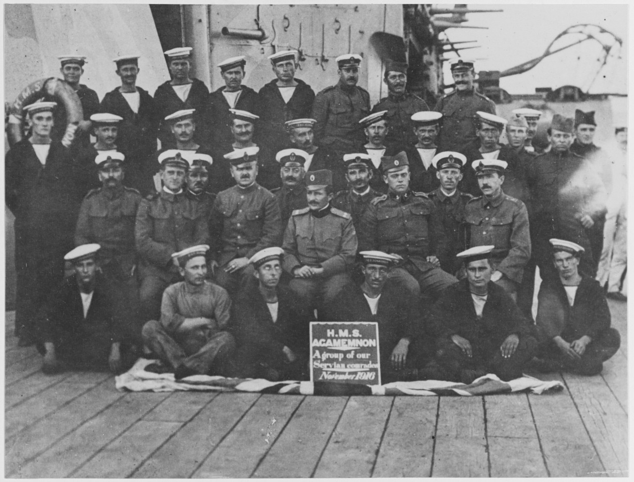 Officers and men of Serbian forces training on board  H.M.S. AGAMEMNON. November 1916