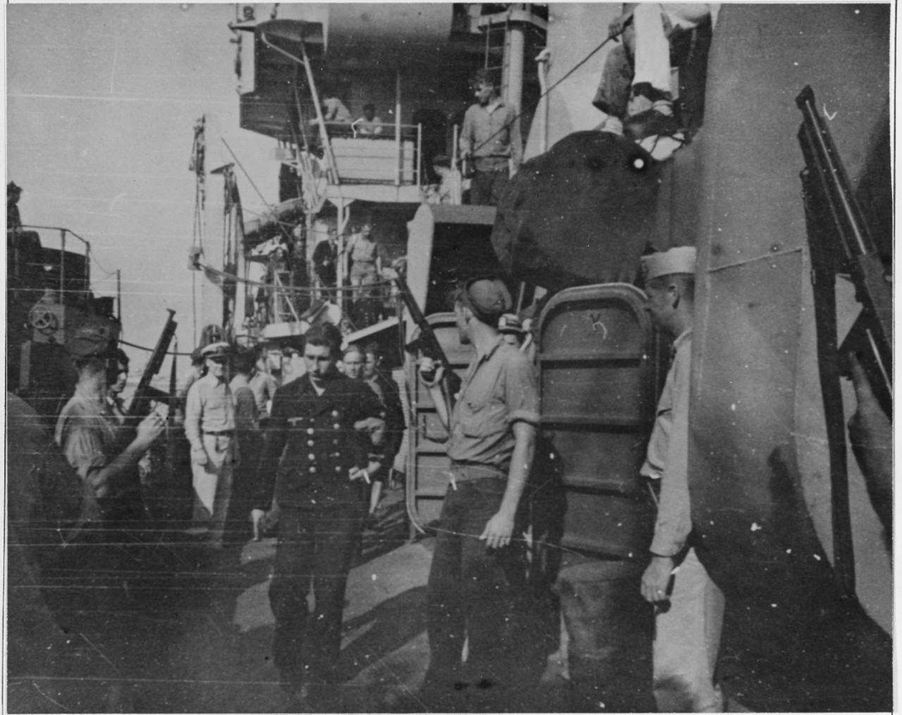 USS ENDICOTT. German officer being marched off. Dr. Musser, August 1944