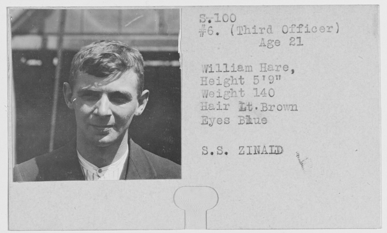 William Hare, age 21, Third Officer of the British S.S. ZINALD torpedoed by enemy submarine August 17, 1918