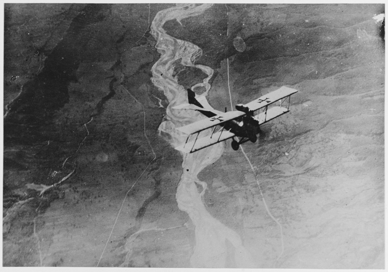 Austrian aeroplane over the Piave (taken from a second aeroplane). Austria-Hungary.