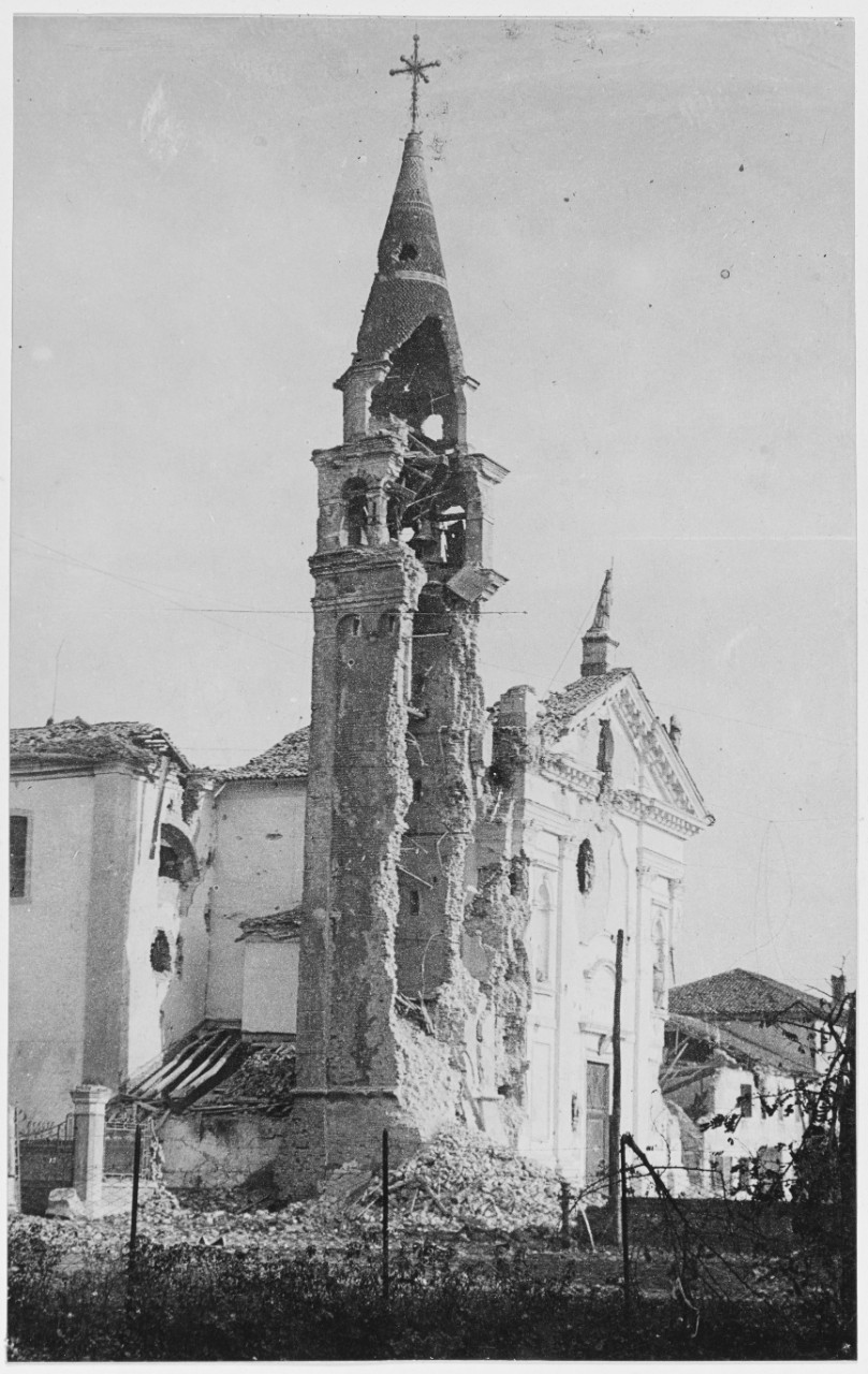 The shell torn church tower in Ponte di Piave. Austria-Hungary.