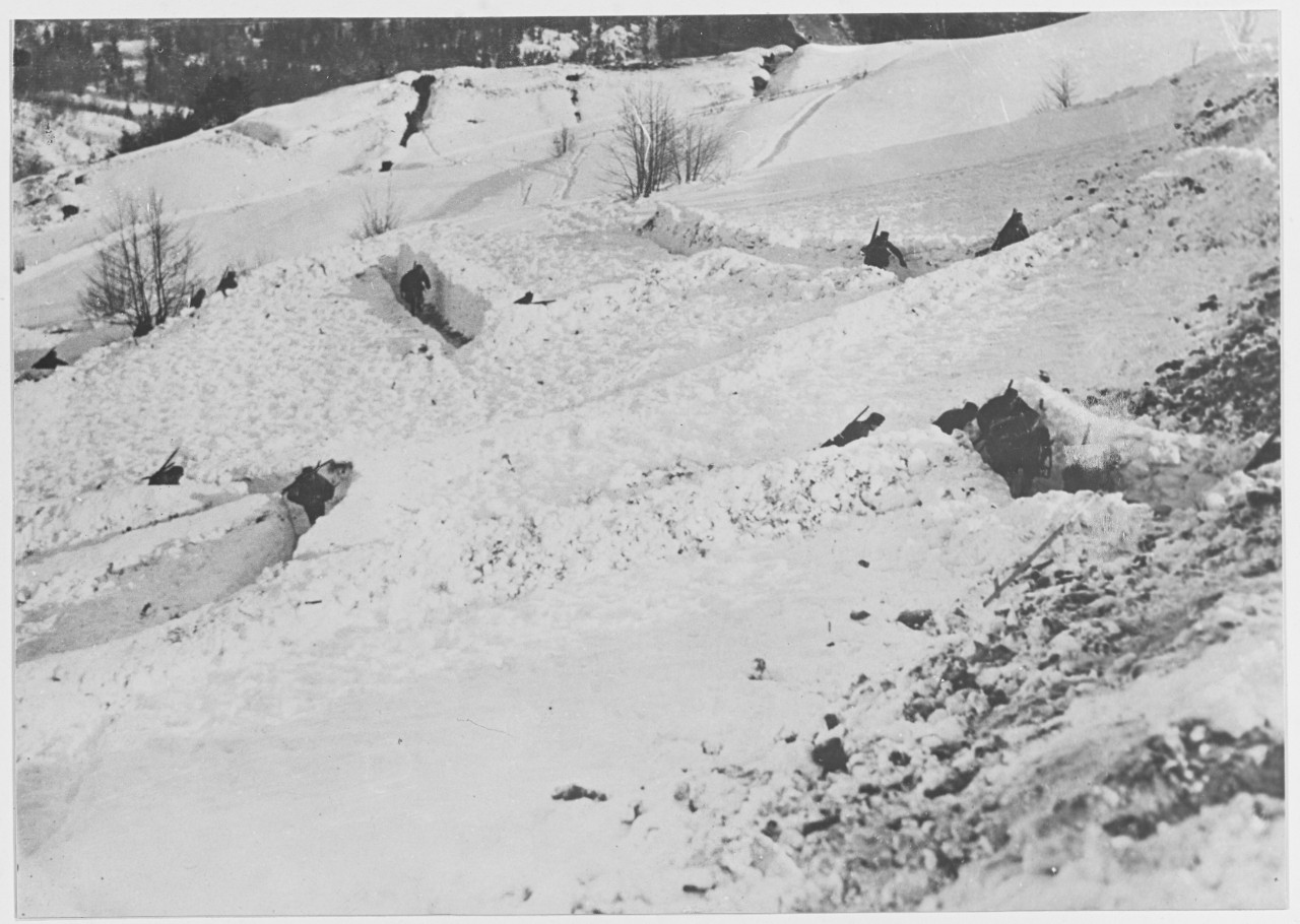 Austrian troops pursuing Italian infantry in the enemies trenches. Austria-Hungary.
