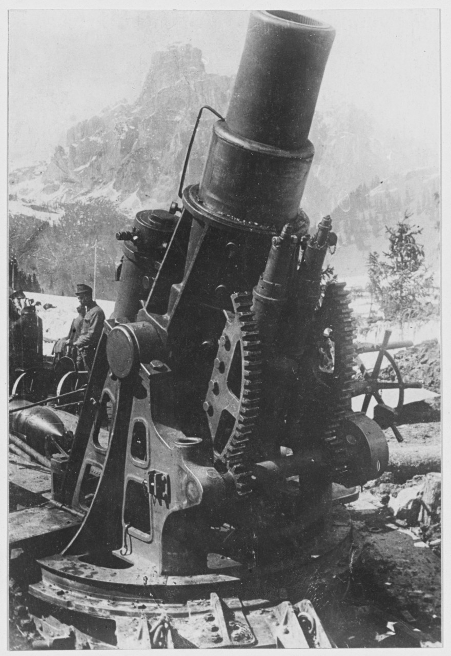 An Austrian 30.5 cm. mortar in the Pustertaler Alps. Austria-Hungary.