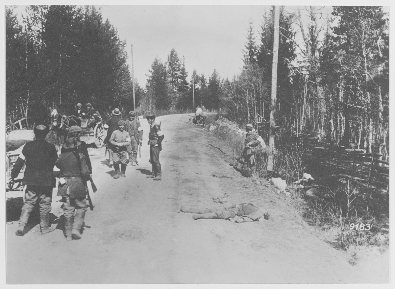 Scene in Finland. Road near Helsingfors when fights between German troops and members of the White Guard against the Bolsheviki troops occurred