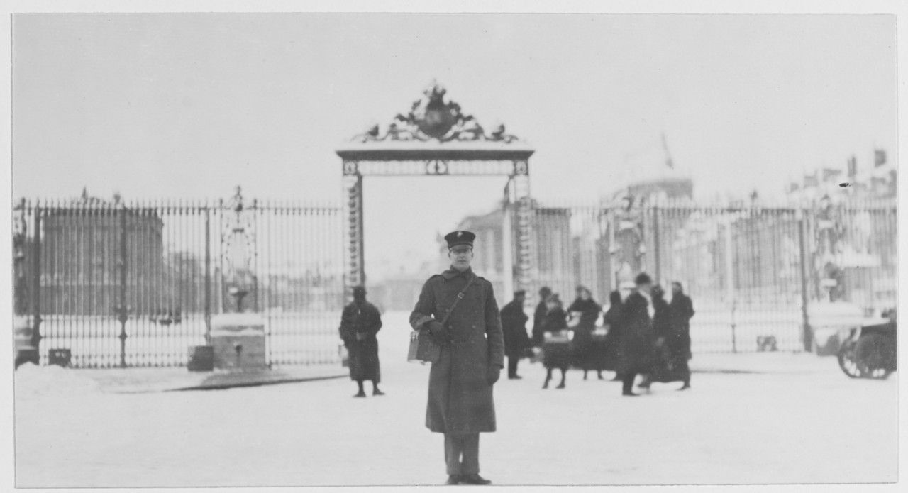 Marine Corps Movie Man at Versailles in winter, Versailles, France during World War I