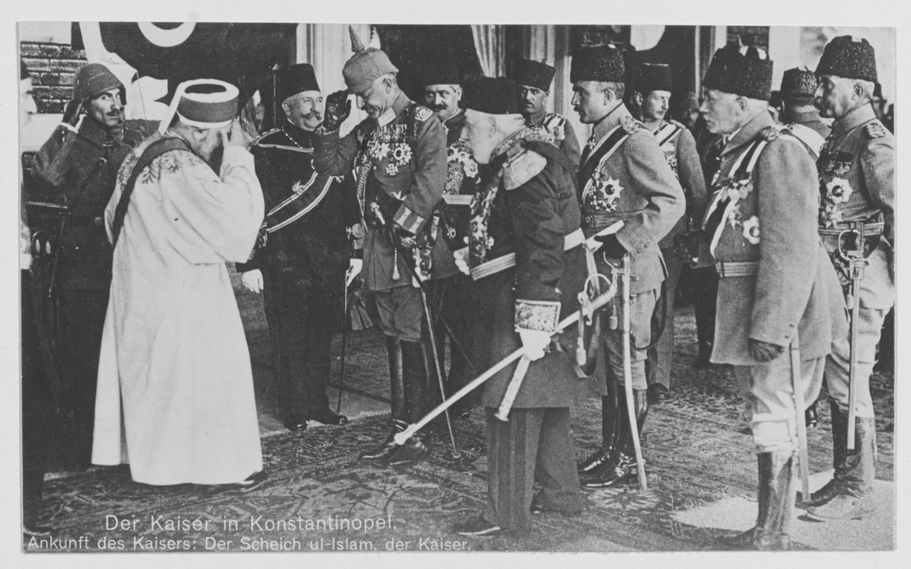 The Pope of the Mohammedans, the Sheik-ul-Islam, receives the Kaiser, accompanied by the Sultan and Enver Pasha.
