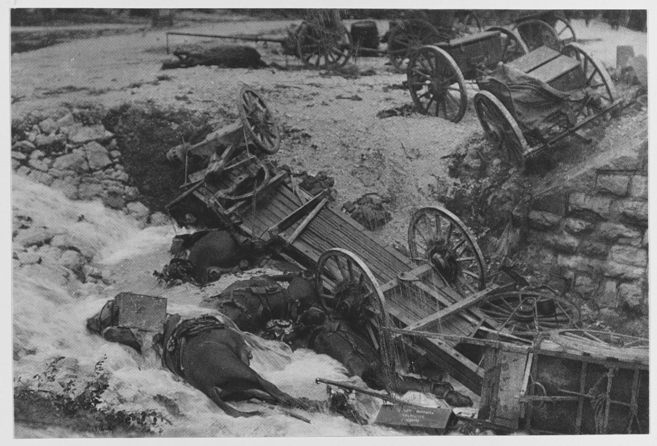 Italian transport destroyed by Austrian Artillery.