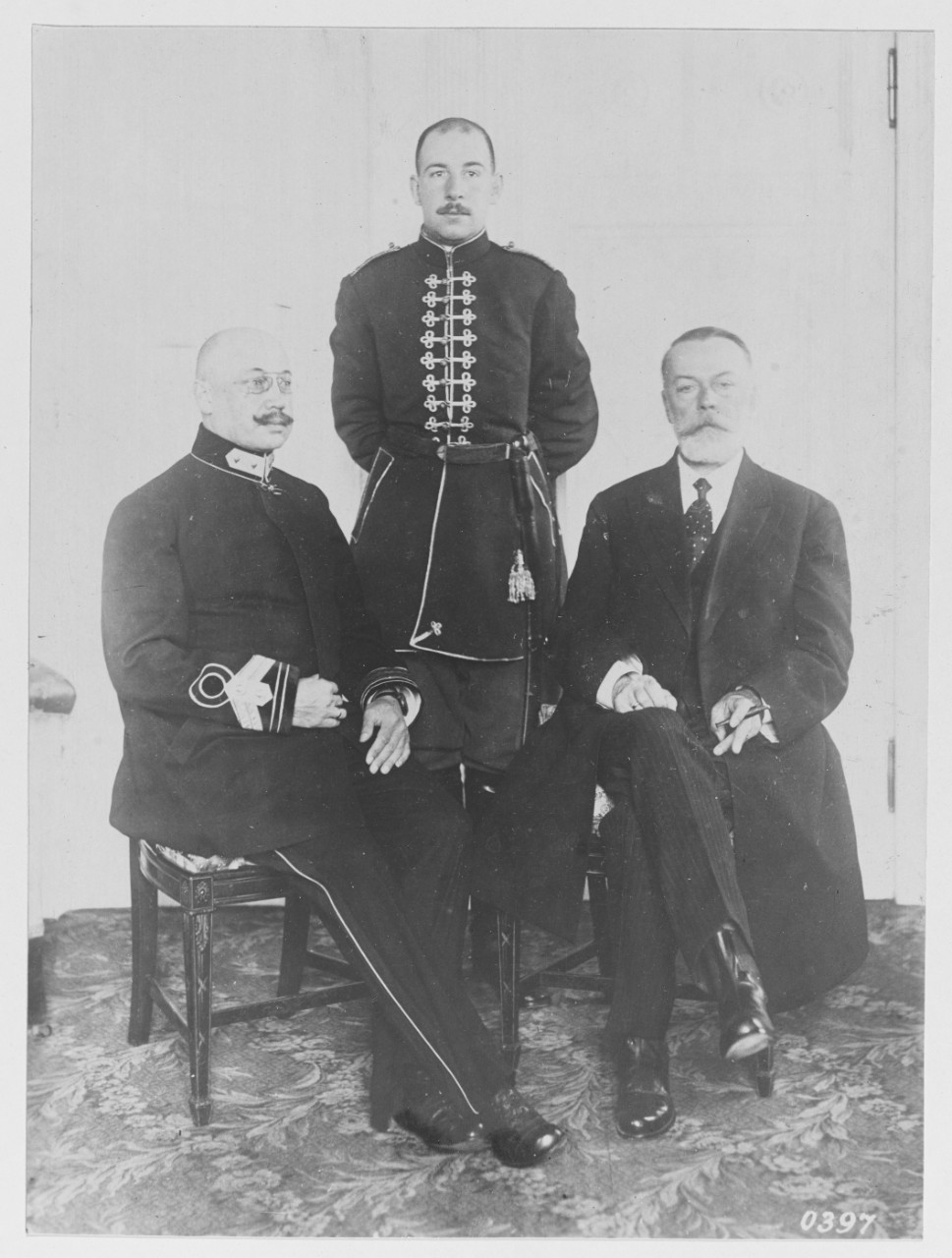 From L to R: Sub- secretary of State Von Paltow, standing riding master Ktschn Bey; right, Minister Lisogoub.