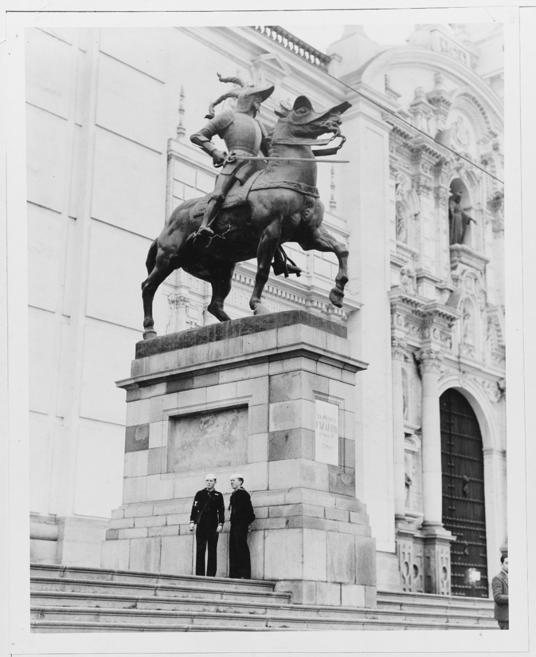 Lima, Peru. Bluejackets standing before the Statue of Pizzaro. January 1942