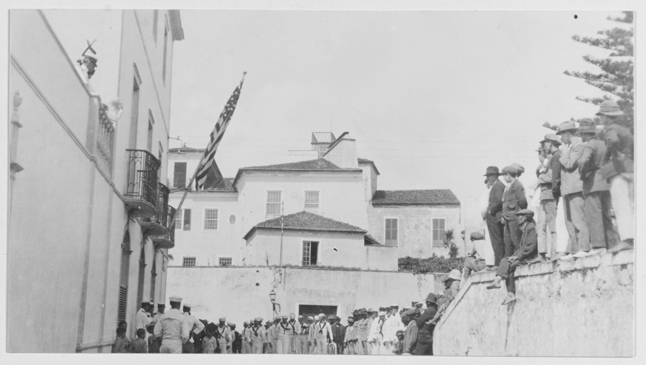 Admiral Jackson addressing personnel prior to striking the colors. U.S. Naval Base #13, Ponta Delgada, Azores, Portugal