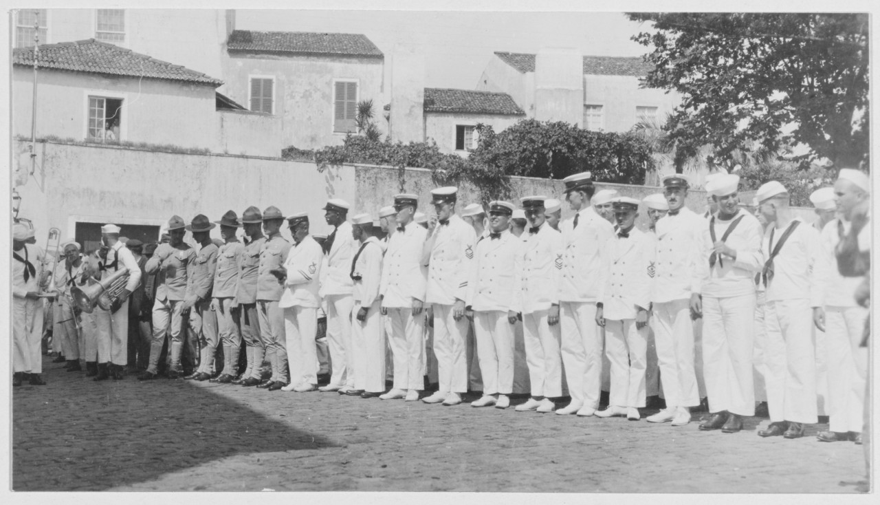 Enlisted personnel in ranks for final muster, U.S. Naval Base #13, Ponta Delgada, Azores, Portugal